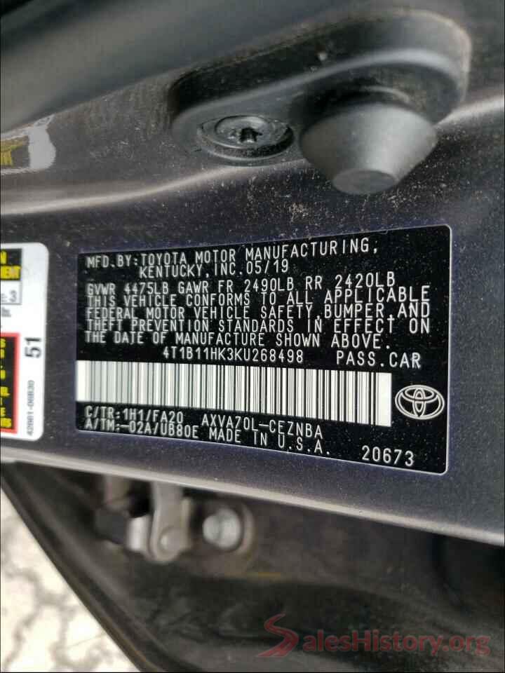 4T1B11HK3KU268498 2019 TOYOTA CAMRY