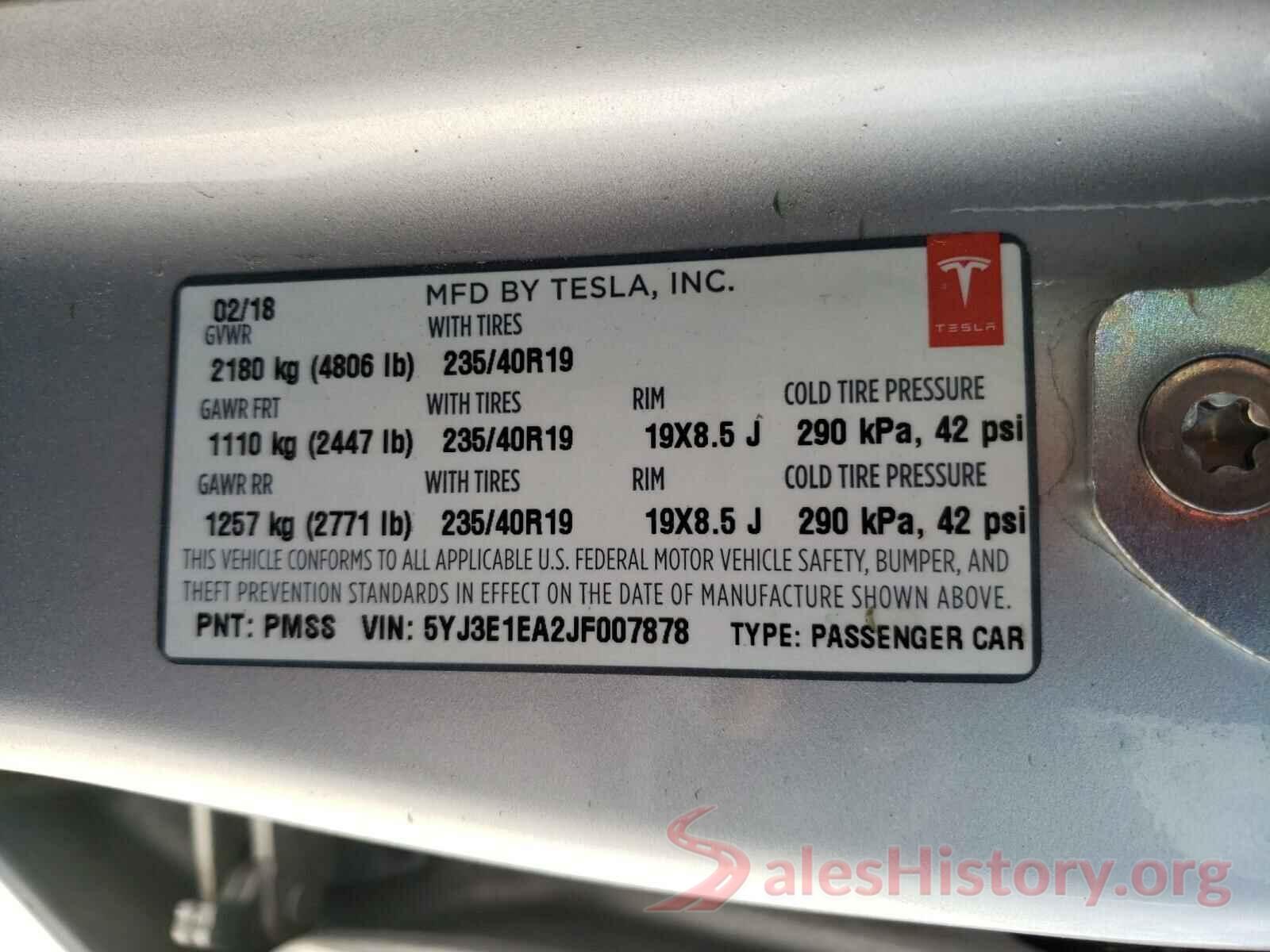 5YJ3E1EA2JF007878 2018 TESLA MODEL 3