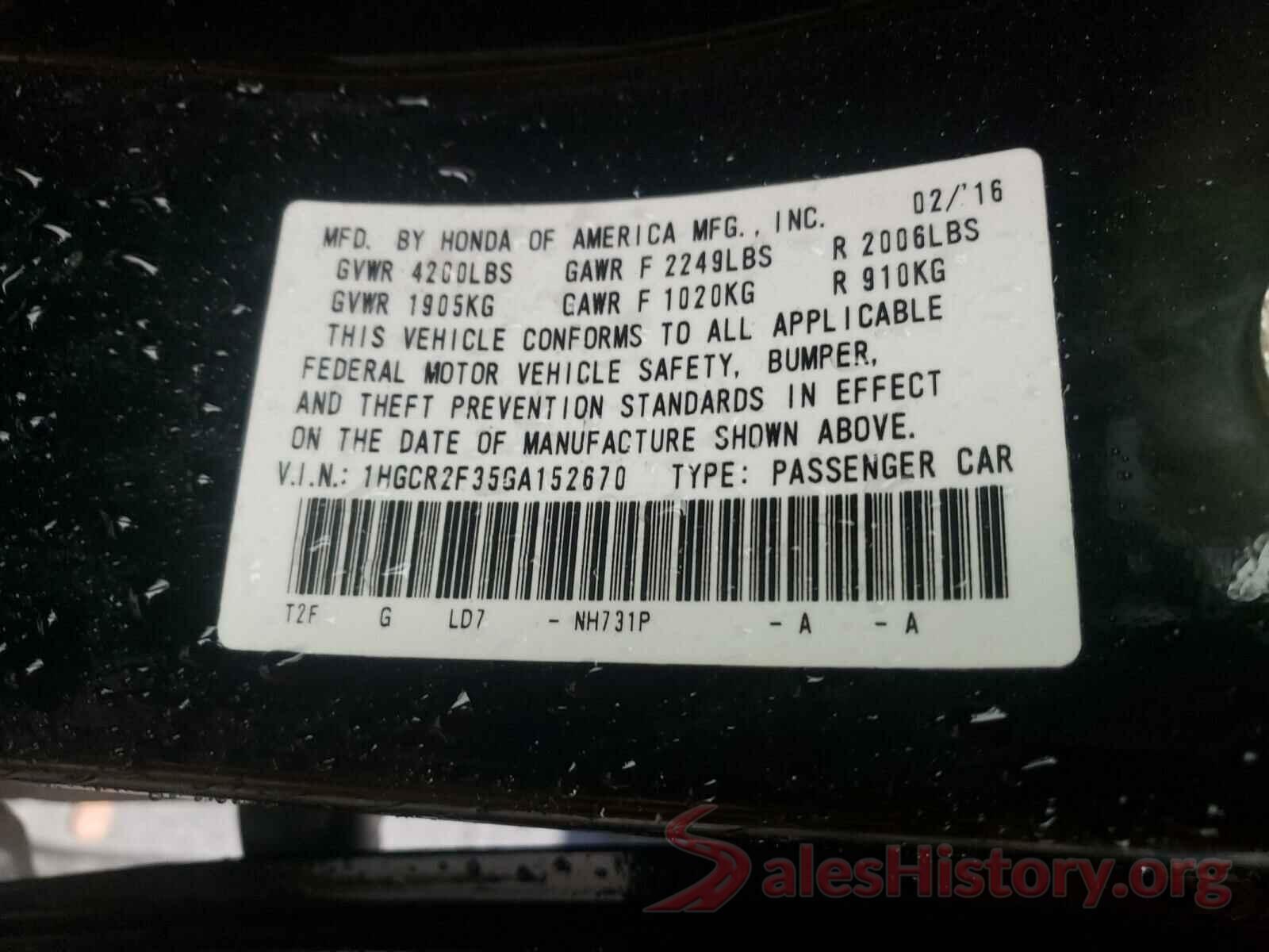 1HGCR2F35GA152670 2016 HONDA ACCORD