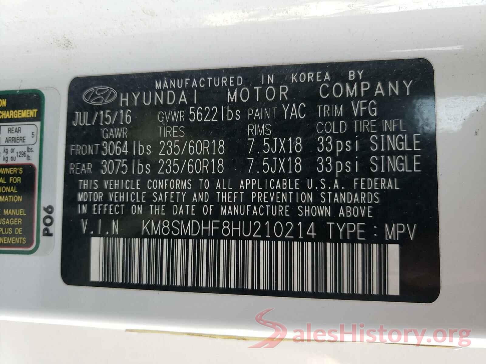 KM8SMDHF8HU210214 2017 HYUNDAI SANTA FE