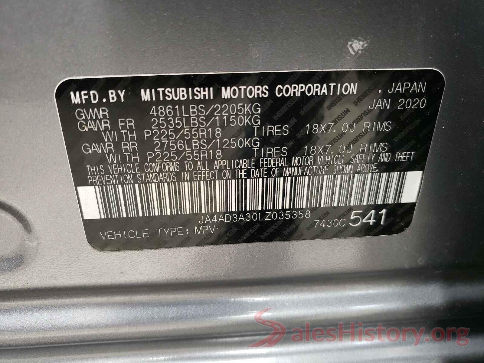 JA4AD3A30LZ035358 2020 MITSUBISHI OUTLANDER