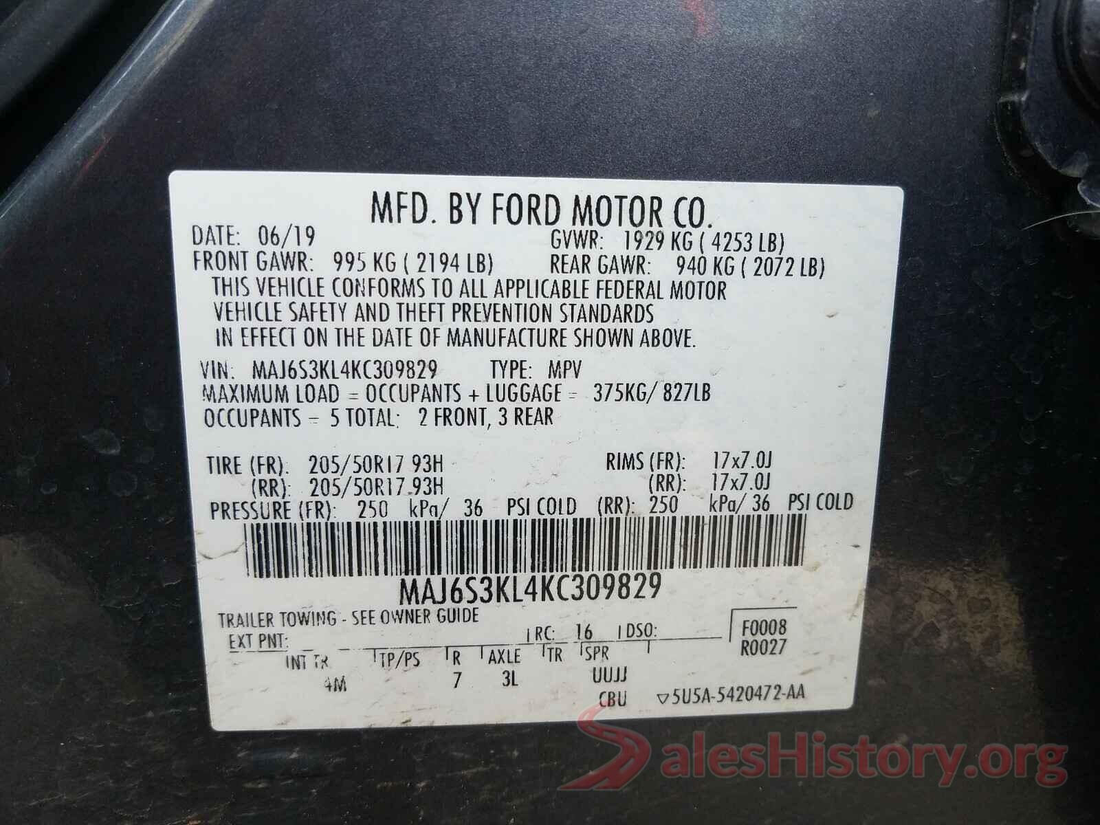 MAJ6S3KL4KC309829 2019 FORD ALL OTHER