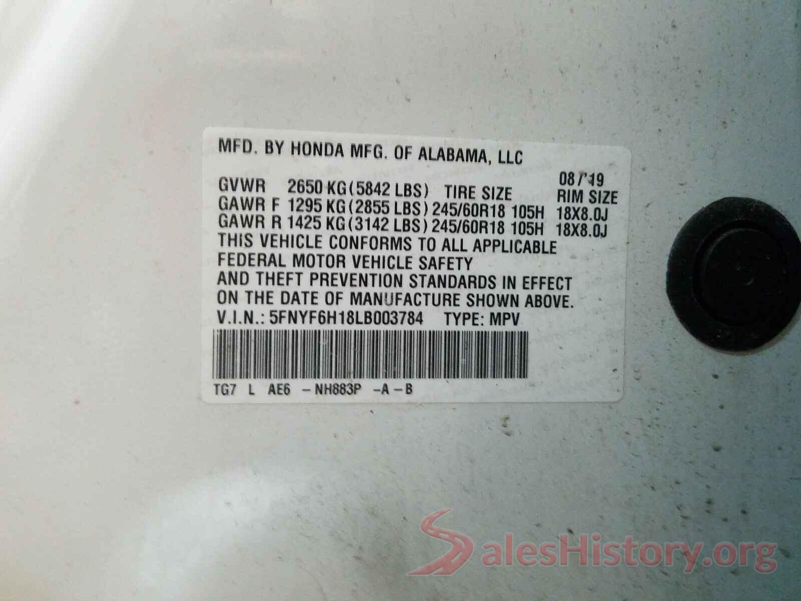 5FNYF6H18LB003784 2020 HONDA PILOT