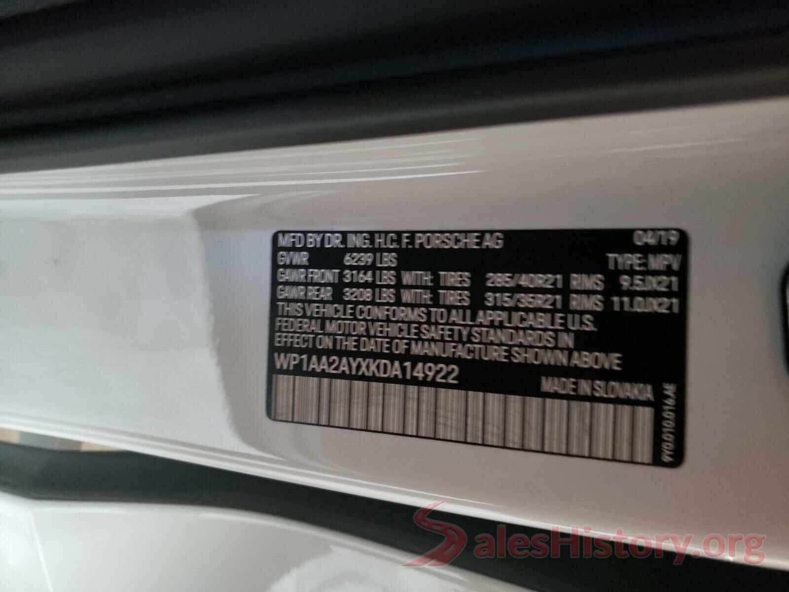 WP1AA2AYXKDA14922 2019 PORSCHE CAYENNE