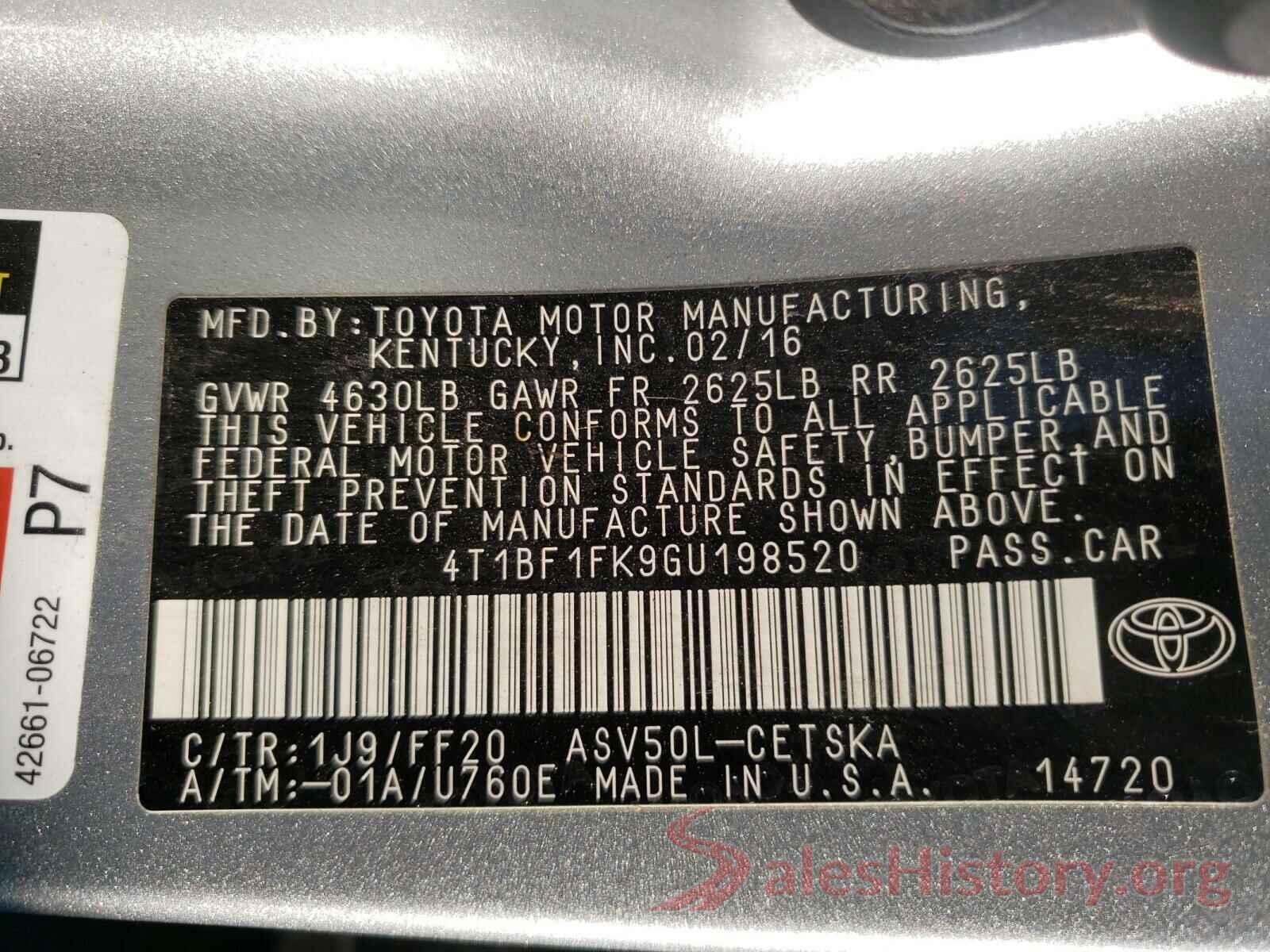 4T1BF1FK9GU198520 2016 TOYOTA CAMRY