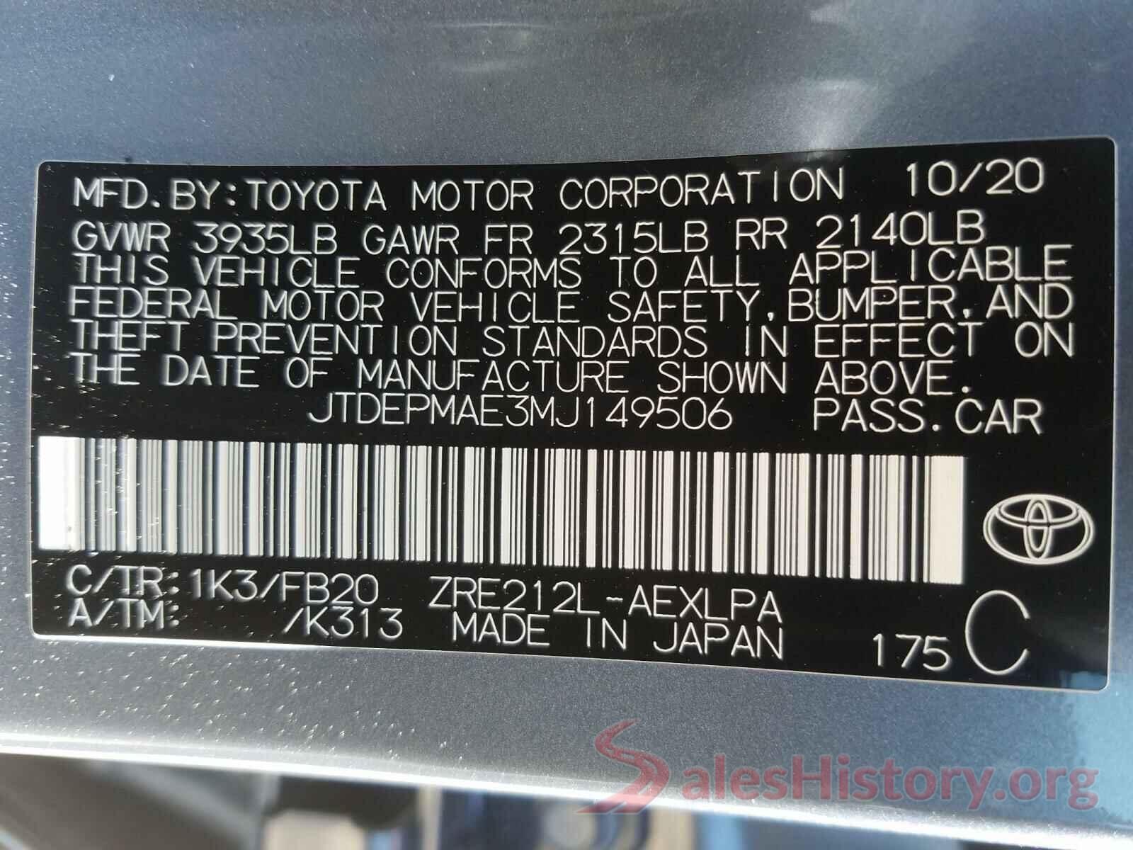 JTDEPMAE3MJ149506 2021 TOYOTA COROLLA