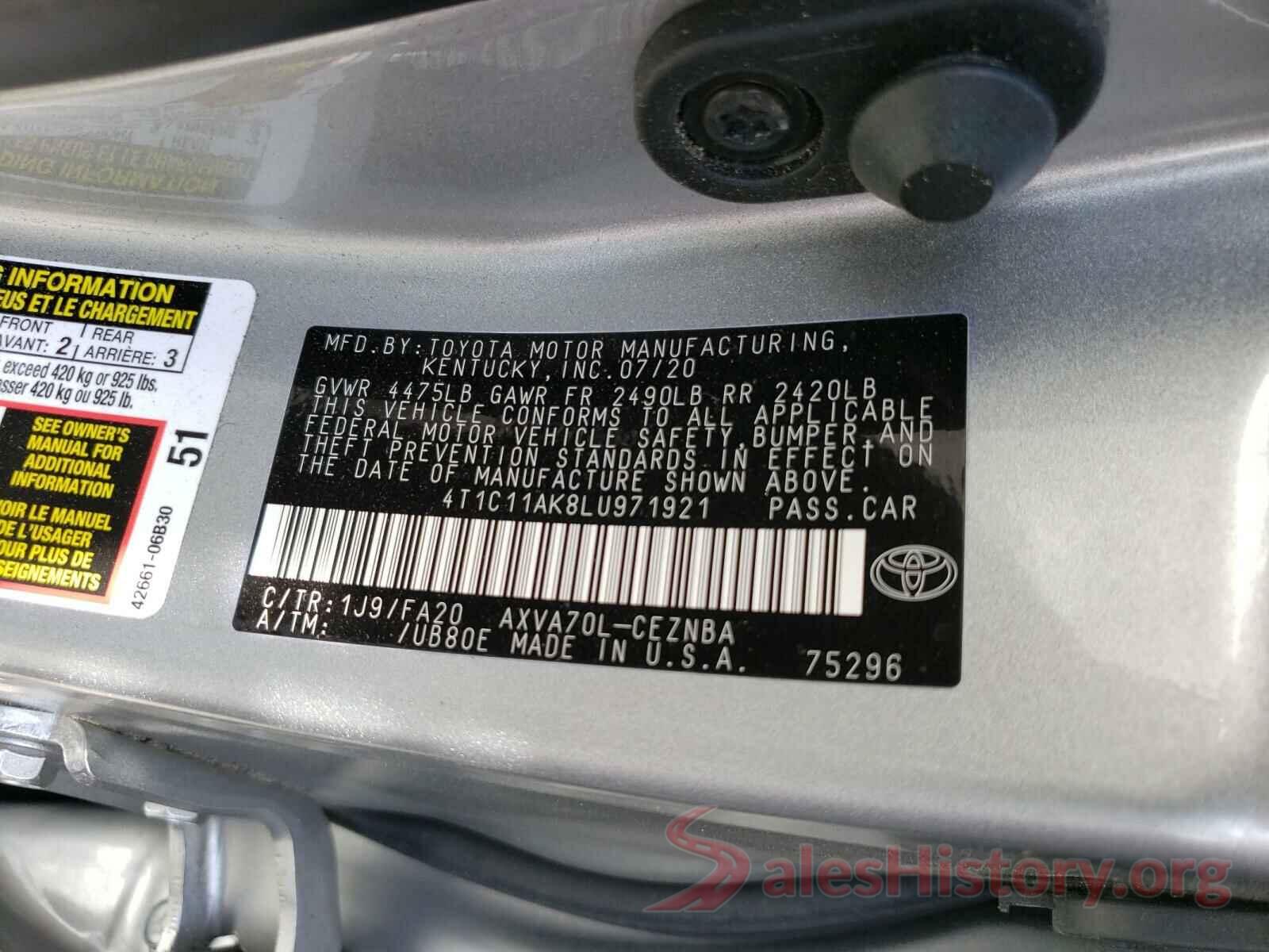 4T1C11AK8LU971921 2020 TOYOTA CAMRY