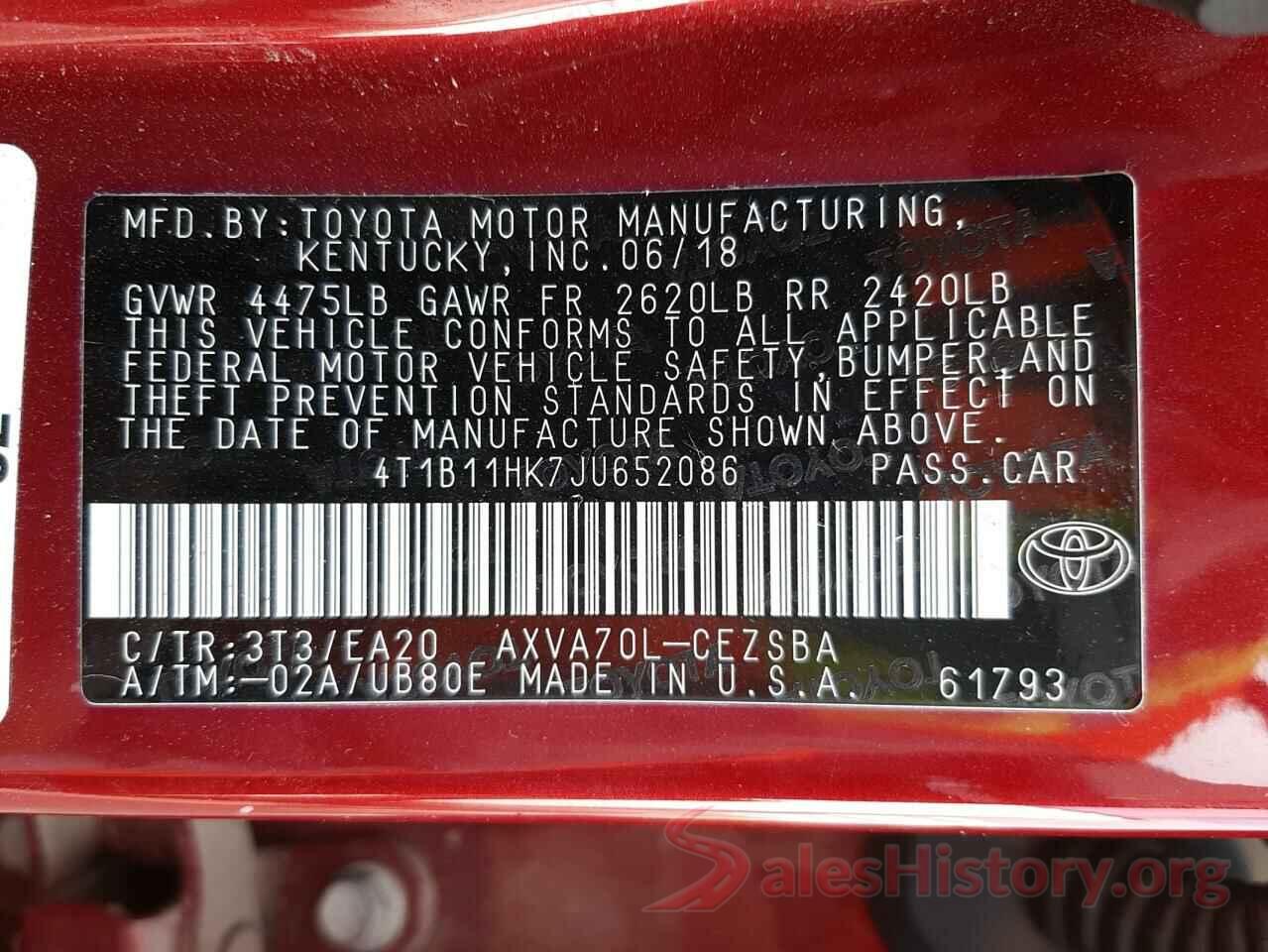 4T1B11HK7JU652086 2018 TOYOTA CAMRY