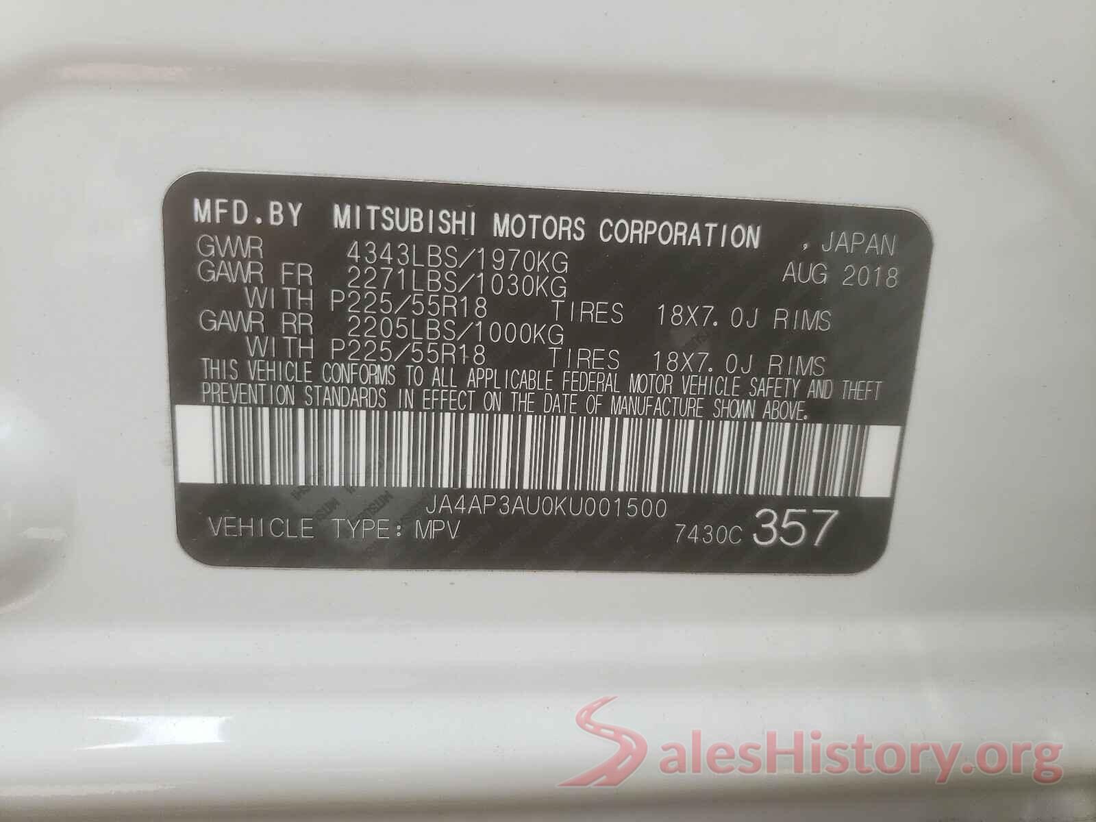 JA4AP3AU0KU001500 2019 MITSUBISHI OUTLANDER