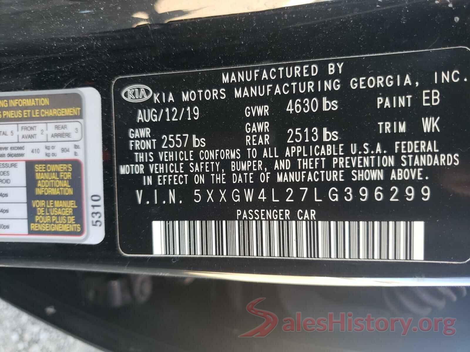 5XXGW4L27LG396299 2020 KIA OPTIMA