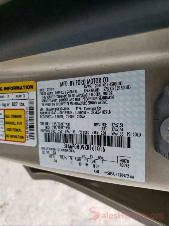 3FA6P0HD9KR161016 2019 FORD FUSION