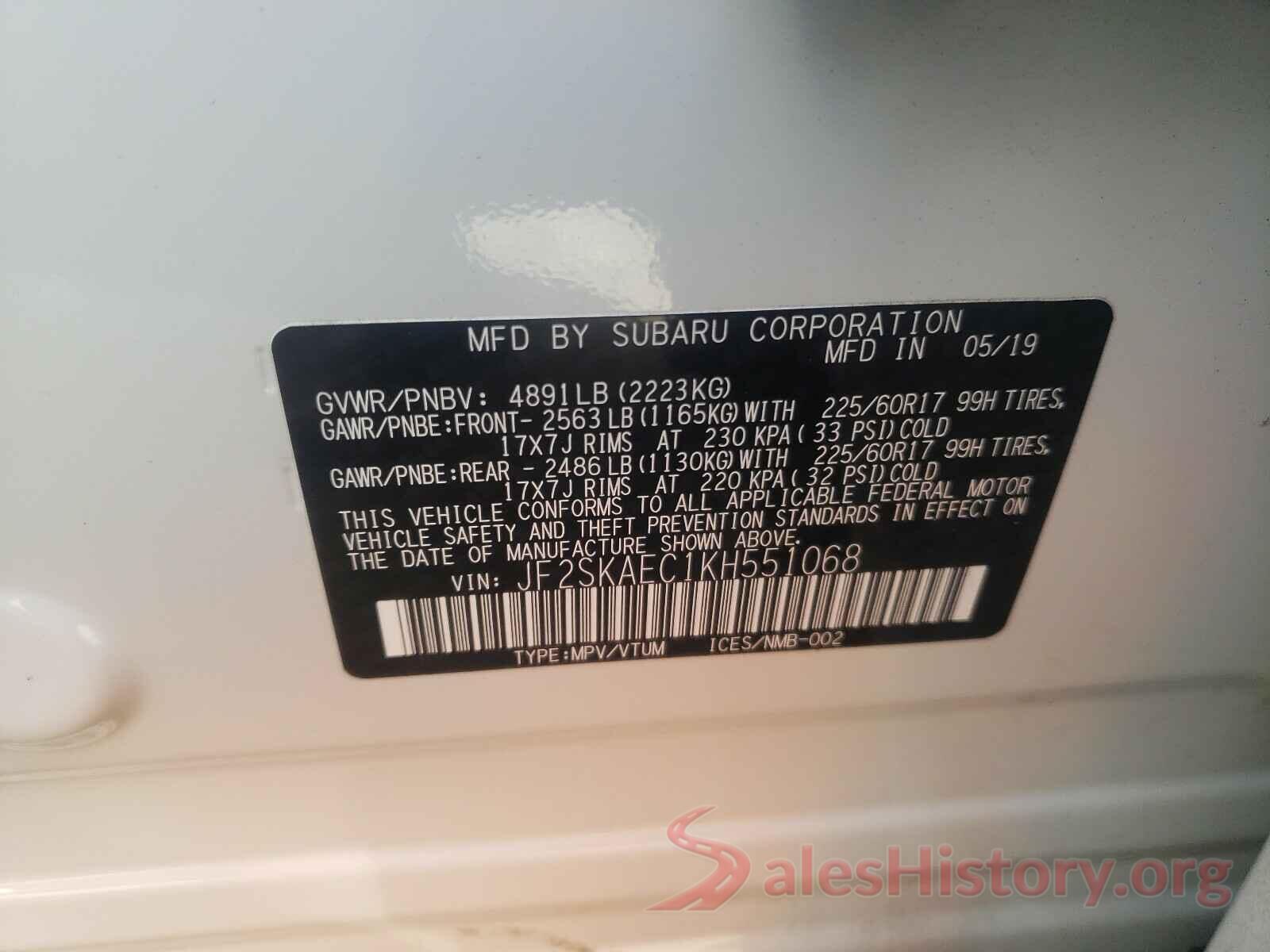 JF2SKAEC1KH551068 2019 SUBARU FORESTER