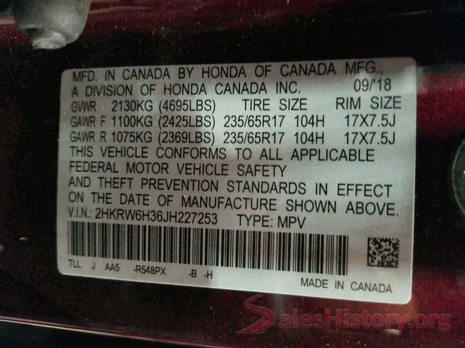 2HKRW6H36JH227253 2018 HONDA CRV