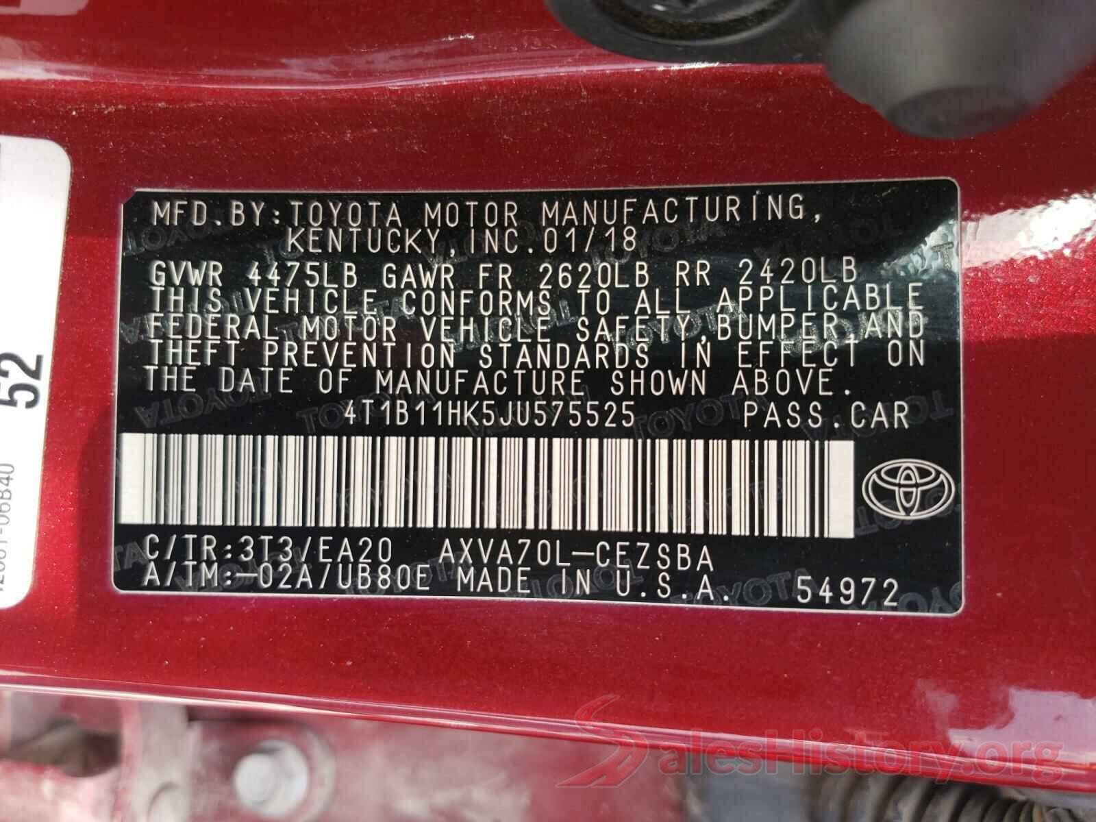 4T1B11HK5JU575525 2018 TOYOTA CAMRY