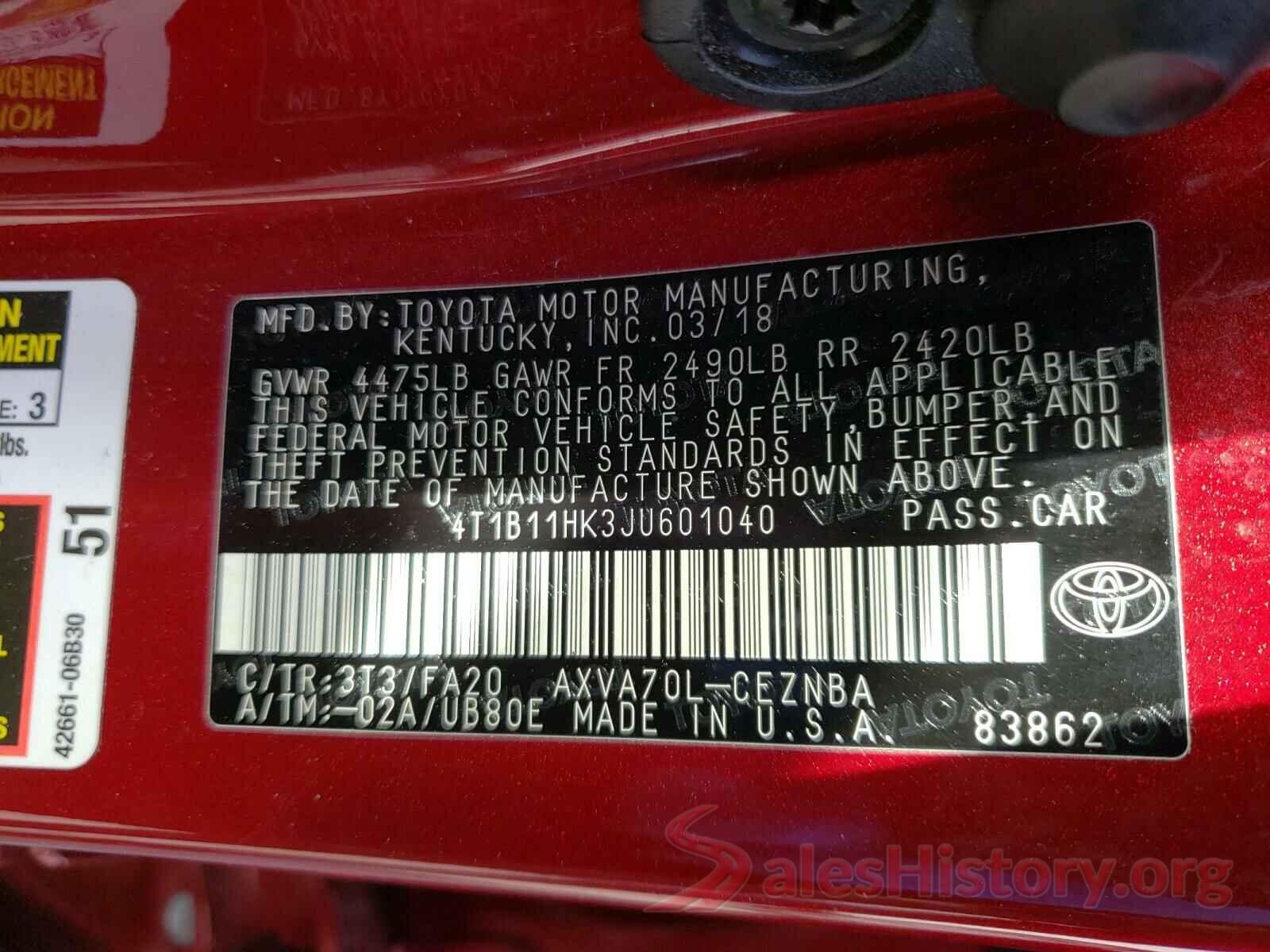 4T1B11HK3JU601040 2018 TOYOTA CAMRY