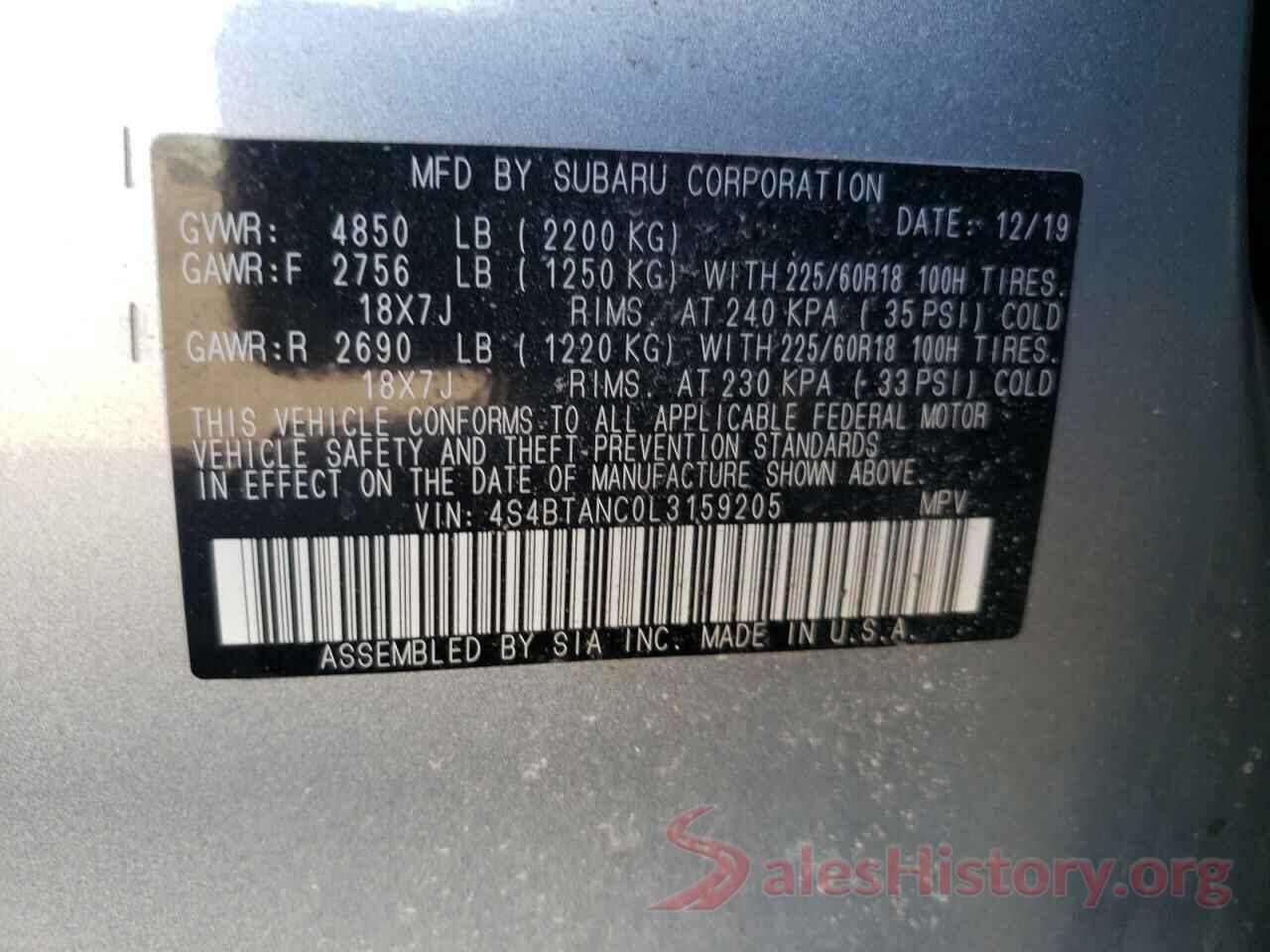 4S4BTANC0L3159205 2020 SUBARU OUTBACK