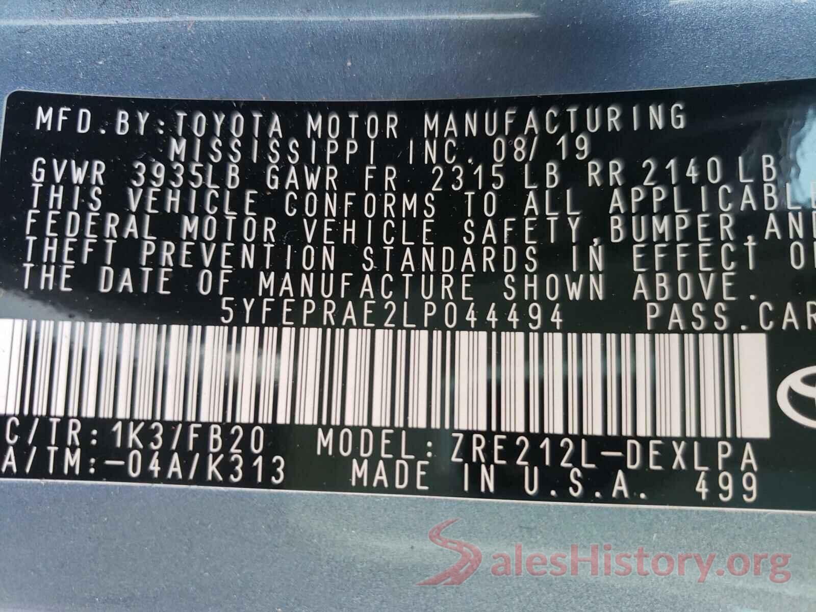 5YFEPRAE2LP044494 2020 TOYOTA COROLLA