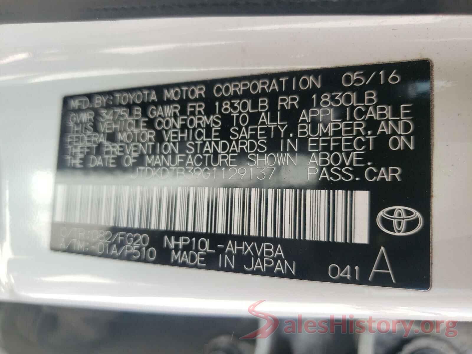 JTDKDTB39G1129137 2016 TOYOTA PRIUS