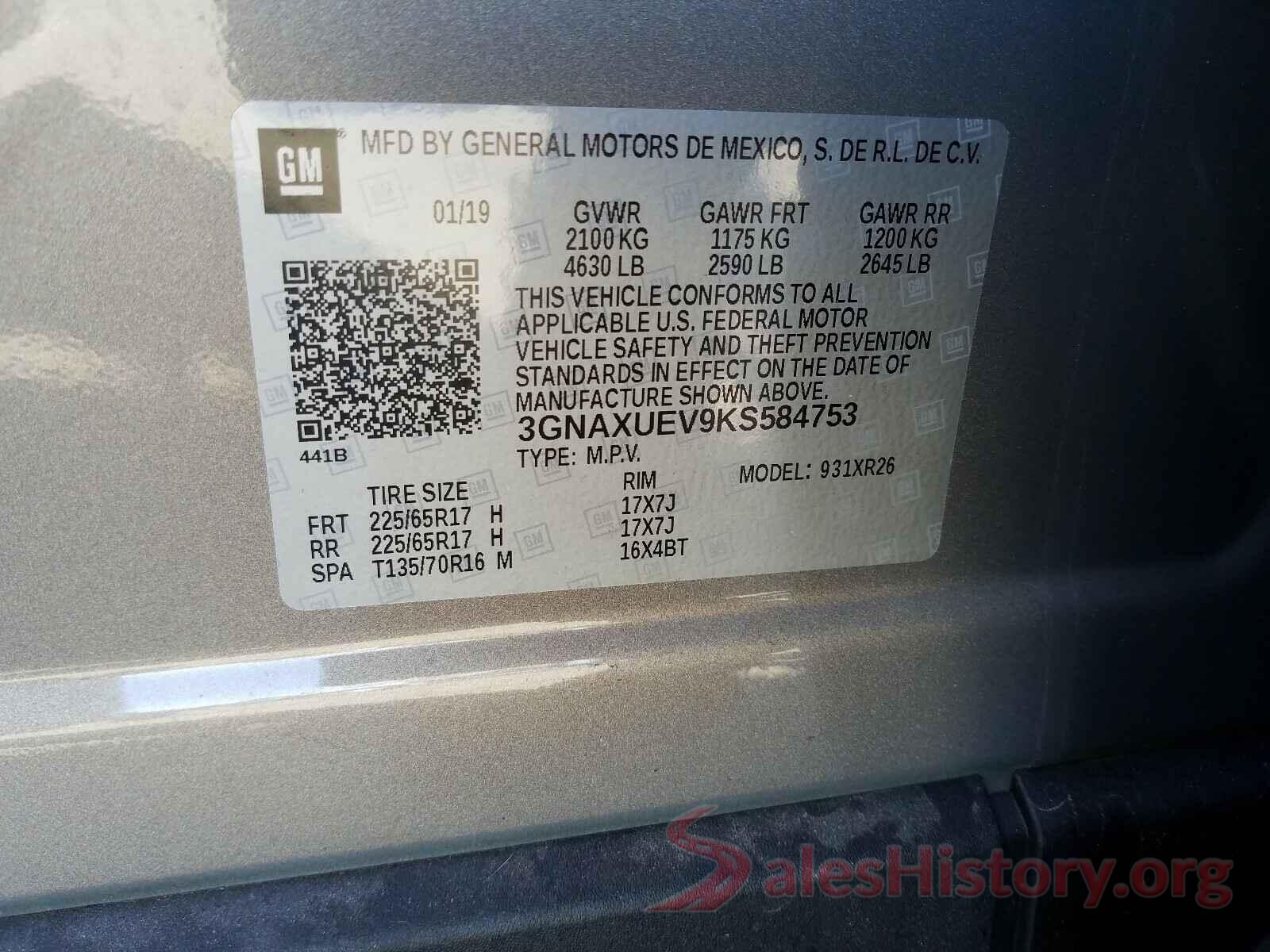 3GNAXUEV9KS584753 2019 CHEVROLET EQUINOX