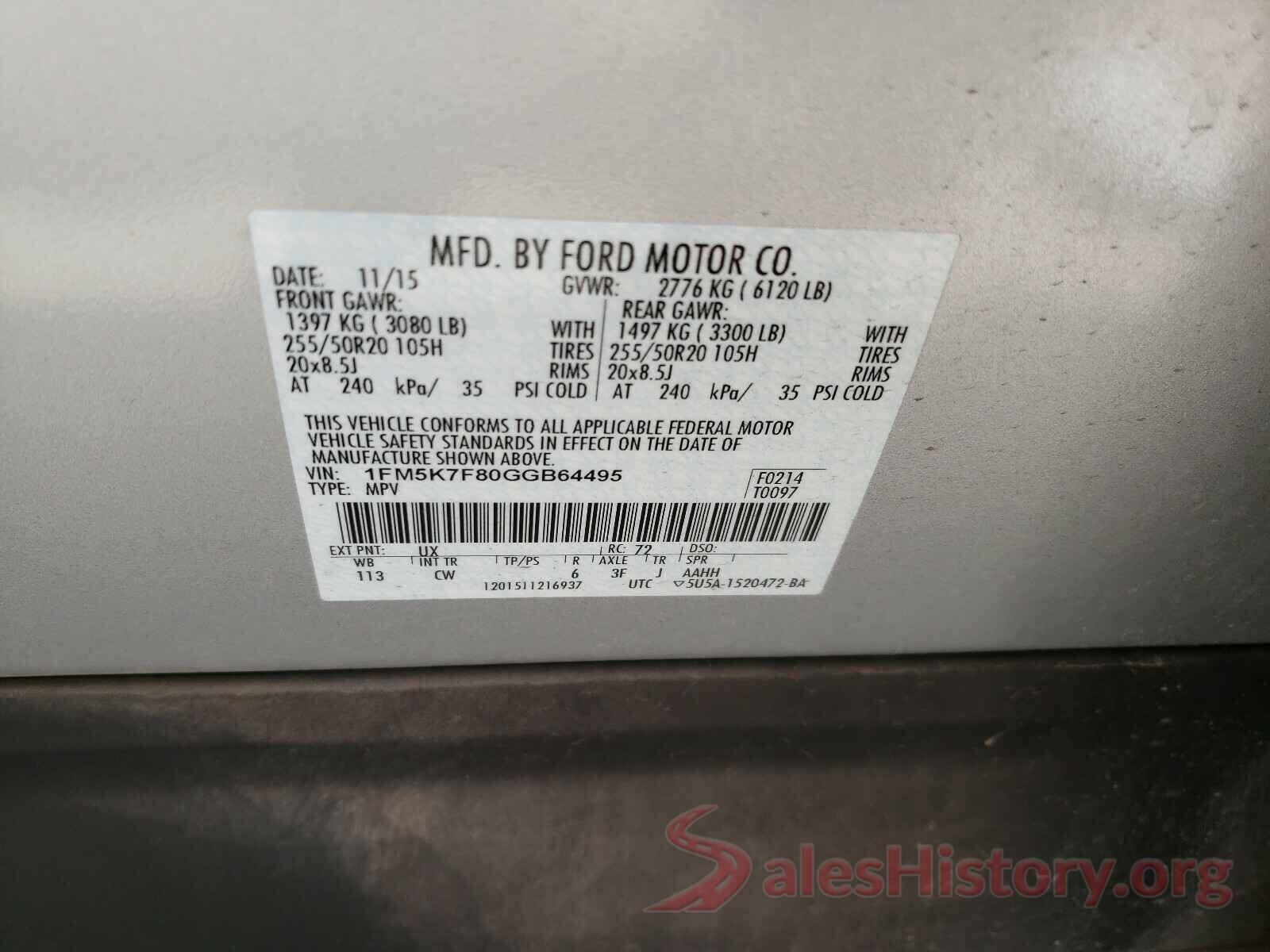 1FM5K7F80GGB64495 2016 FORD EXPLORER