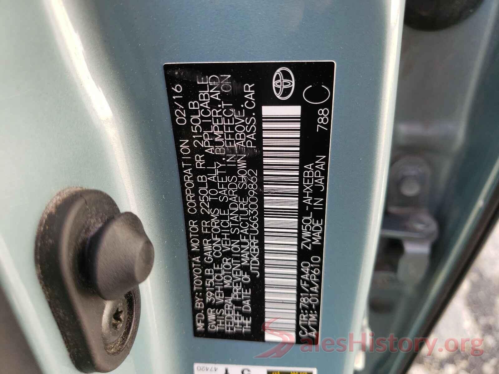 JTDKBRFU6G3009862 2016 TOYOTA PRIUS