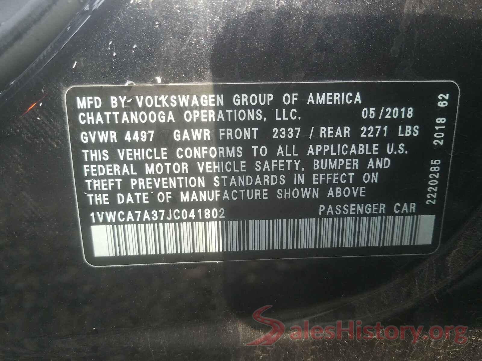 1VWCA7A37JC041802 2018 VOLKSWAGEN PASSAT