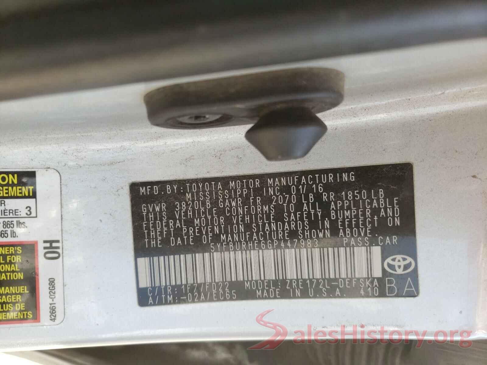 5YFBURHE6GP447983 2016 TOYOTA COROLLA