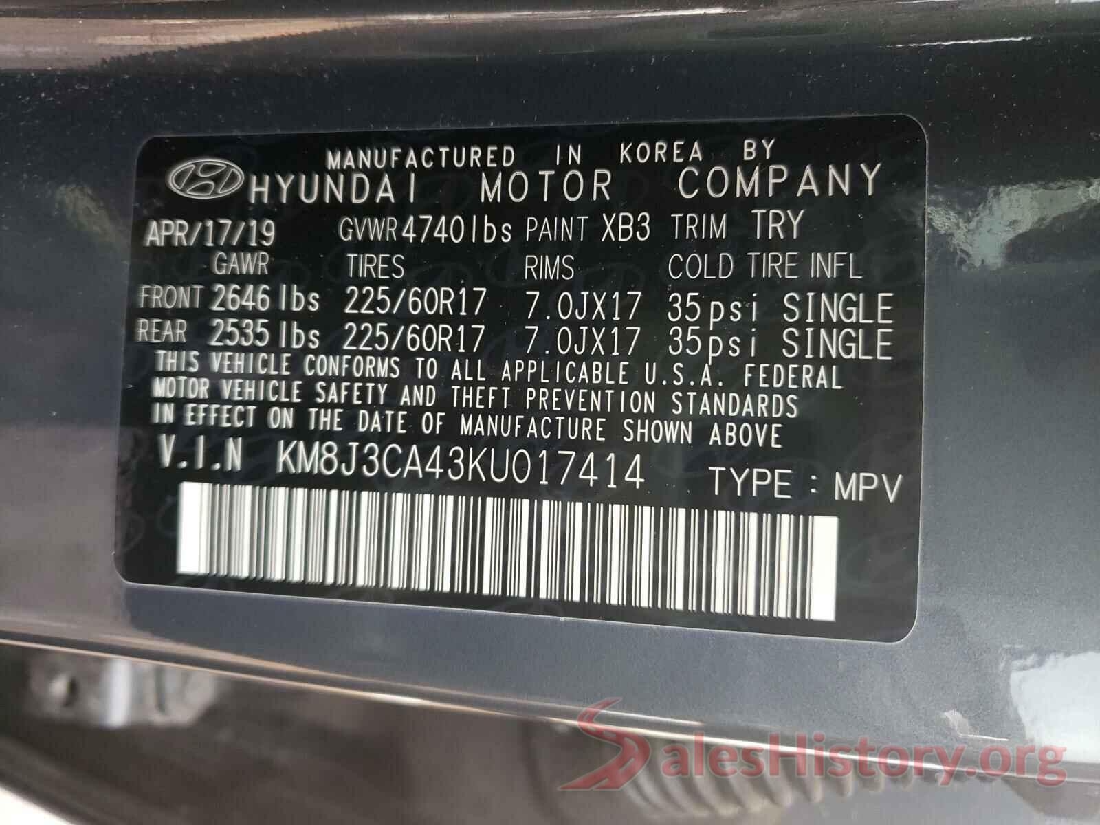 KM8J3CA43KU017414 2019 HYUNDAI TUCSON