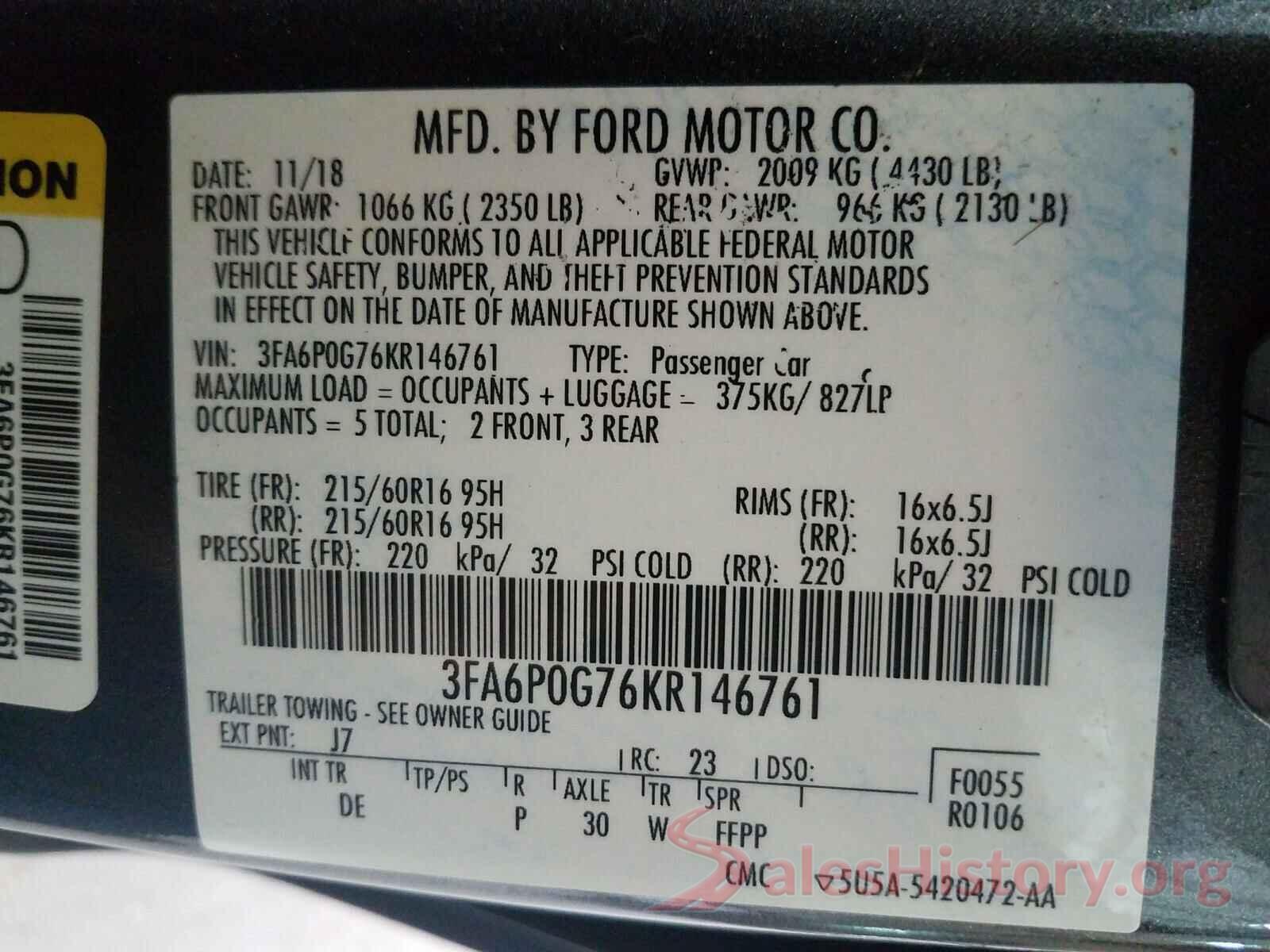 3FA6P0G76KR146761 2019 FORD FUSION