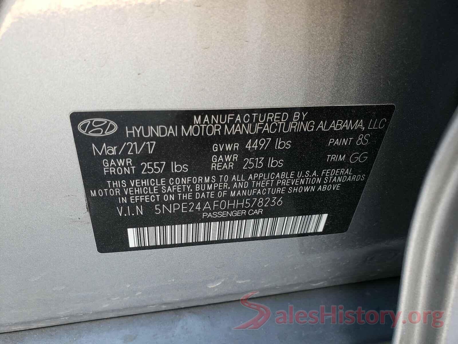 5NPE24AF0HH578236 2017 HYUNDAI SONATA