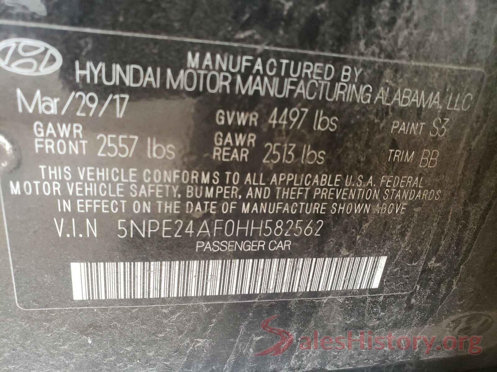 5NPE24AF0HH582562 2017 HYUNDAI SONATA