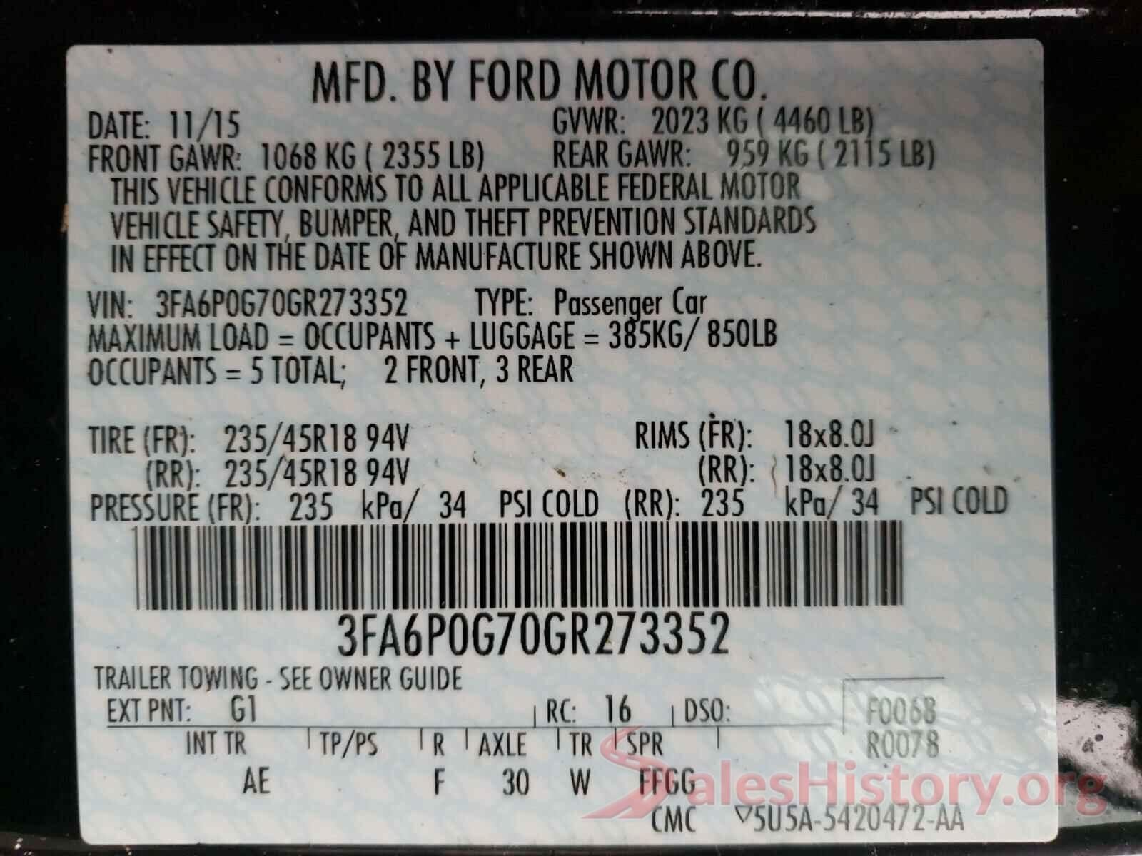 3FA6P0G70GR273352 2016 FORD FUSION