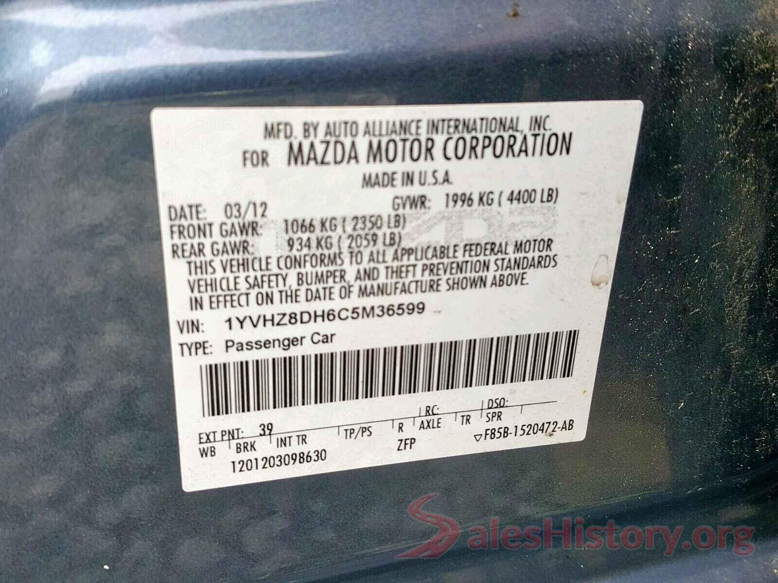 1YVHZ8DH6C5M36599 2012 MAZDA 6