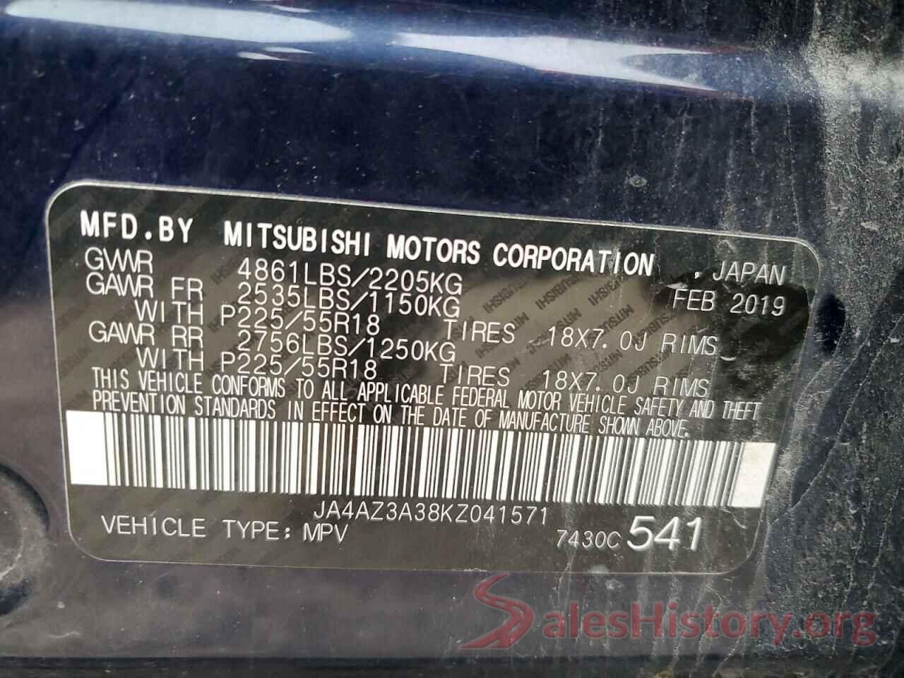 JA4AZ3A38KZ041571 2019 MITSUBISHI OUTLANDER