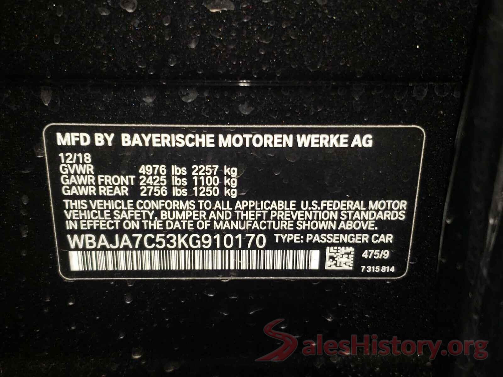 WBAJA7C53KG910170 2019 BMW 5 SERIES