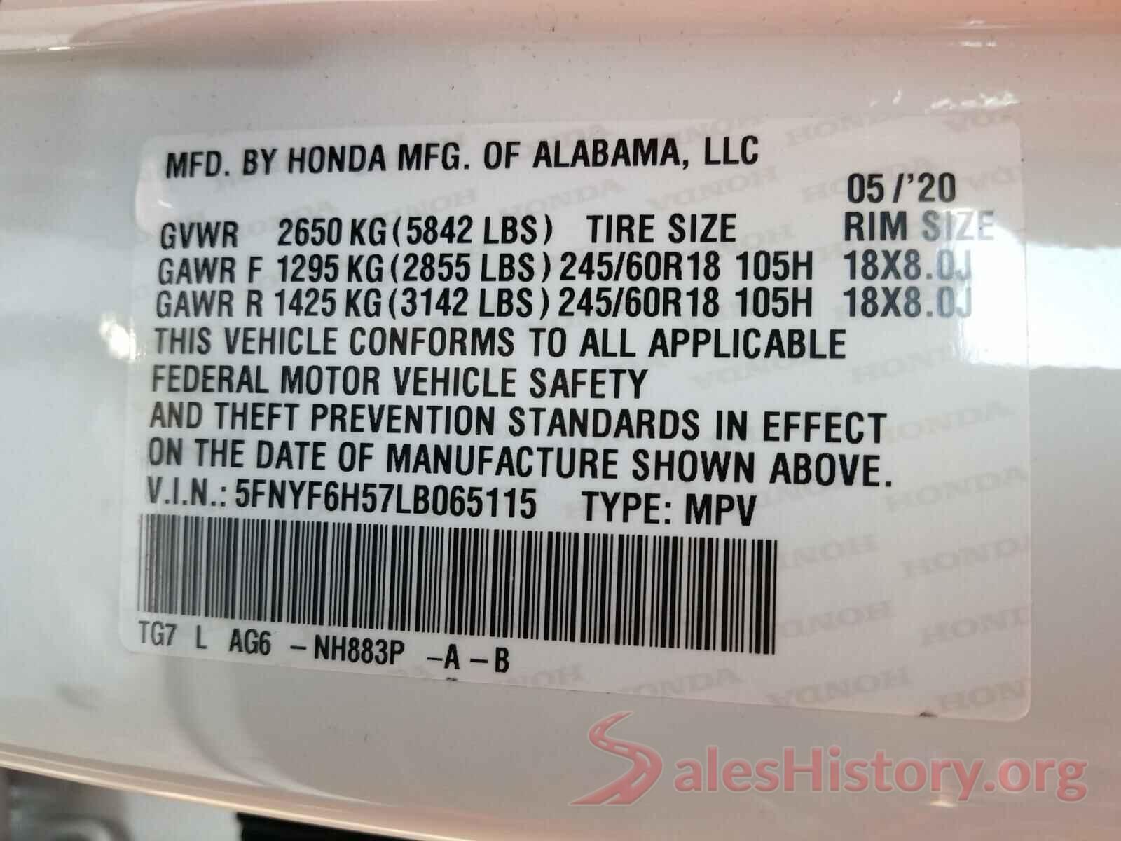 5FNYF6H57LB065115 2020 HONDA PILOT