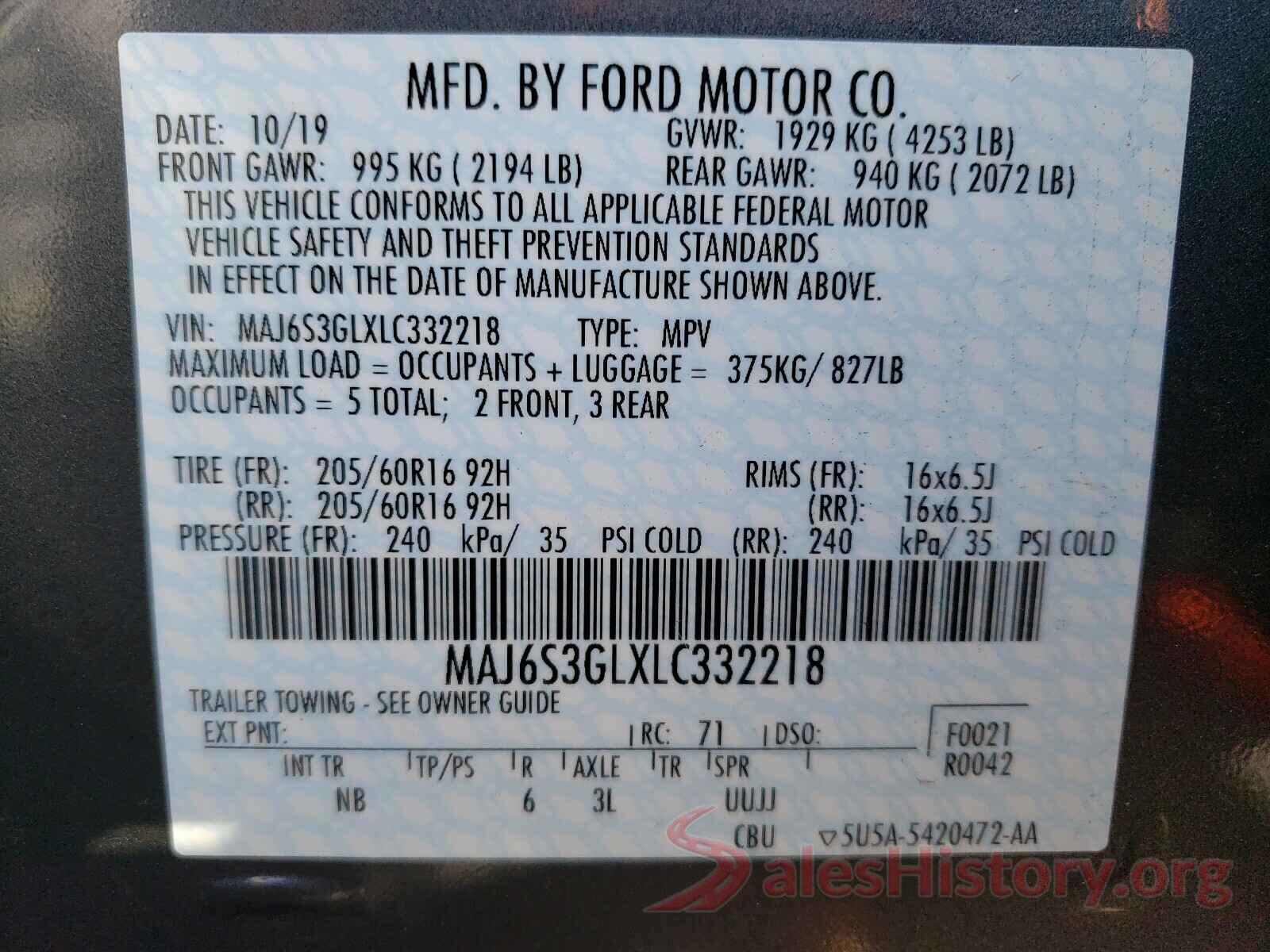 MAJ6S3GLXLC332218 2020 FORD ALL OTHER