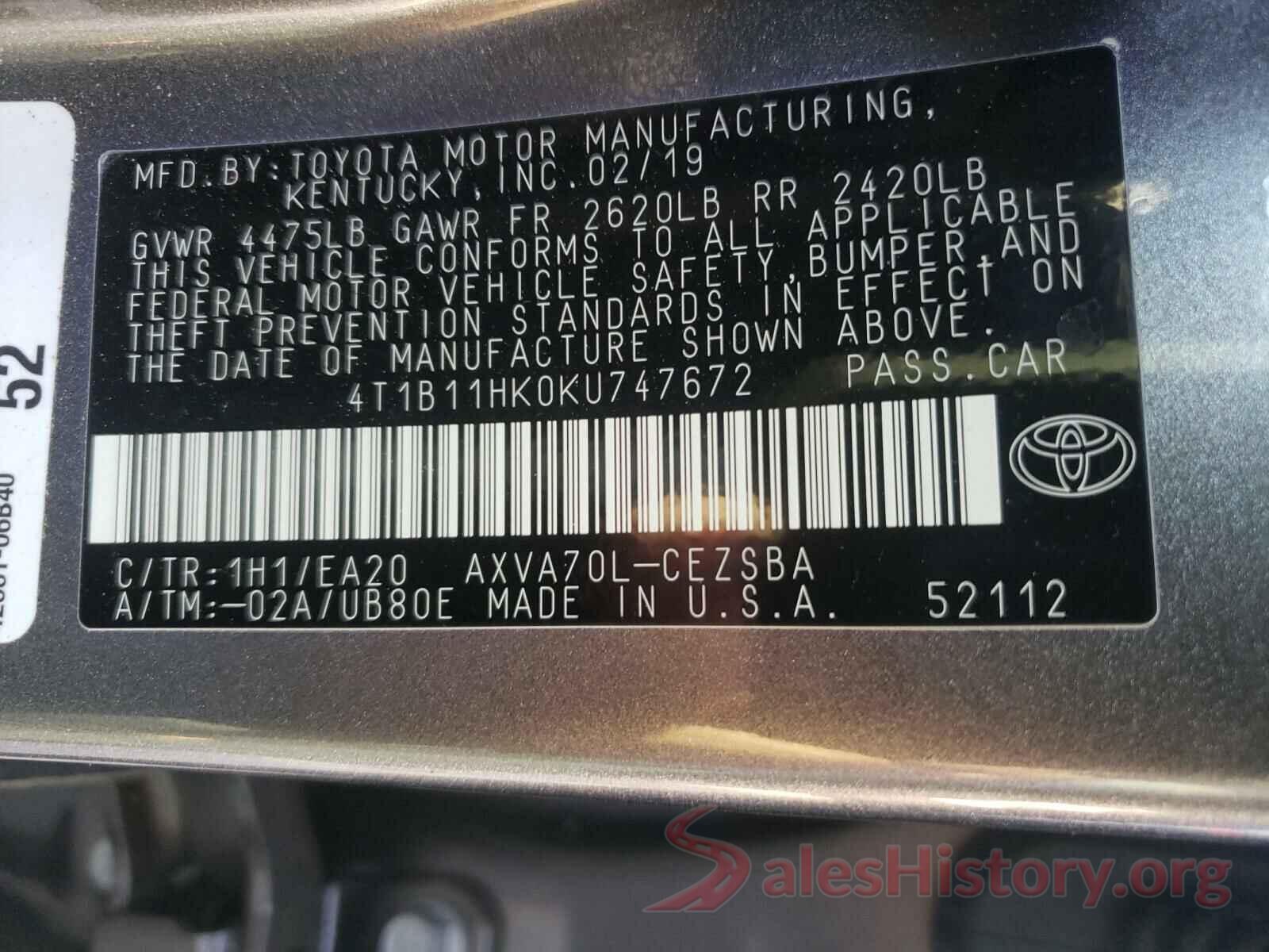 4T1B11HK0KU747672 2019 TOYOTA CAMRY