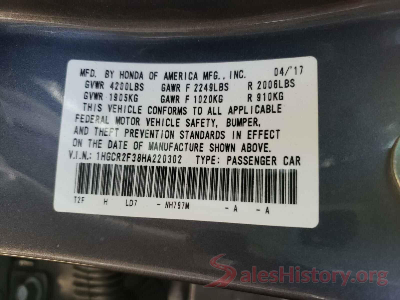 1HGCR2F38HA220302 2017 HONDA ACCORD