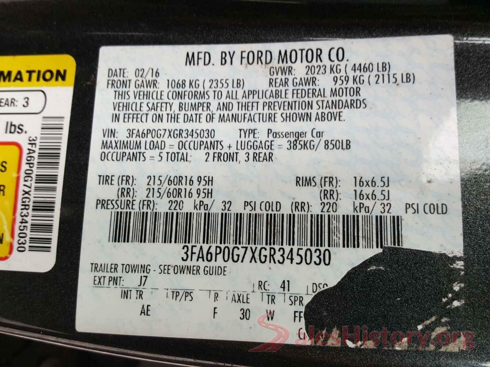 3FA6P0G7XGR345030 2016 FORD FUSION