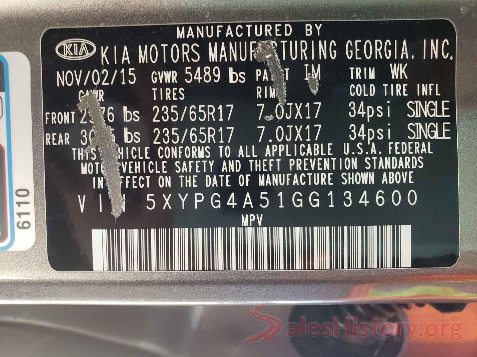 5XYPG4A51GG134600 2016 KIA SORENTO