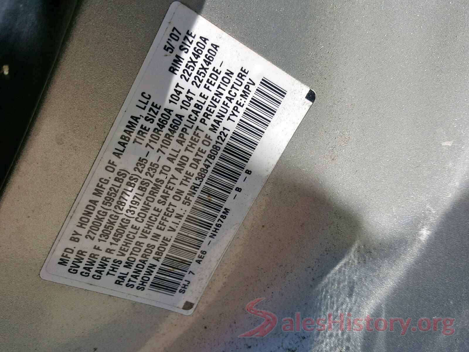 5FNRL38847B081221 2007 HONDA ODYSSEY TO