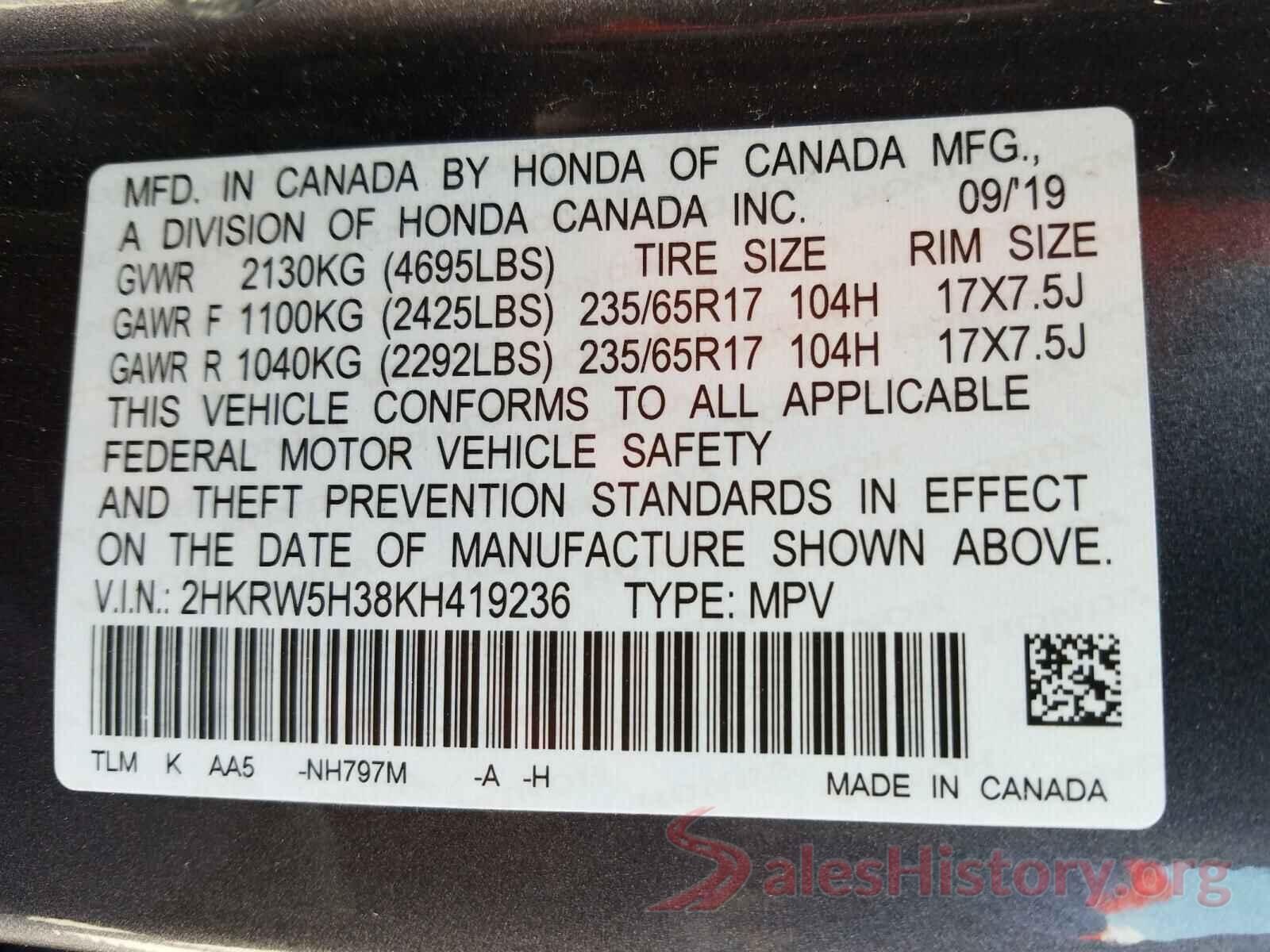 2HKRW5H38KH419236 2019 HONDA CRV