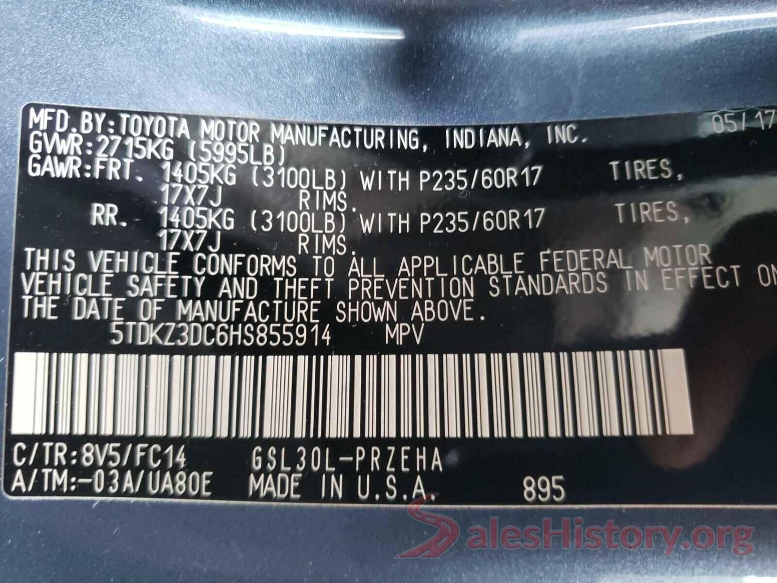 5TDKZ3DC6HS855914 2017 TOYOTA SIENNA