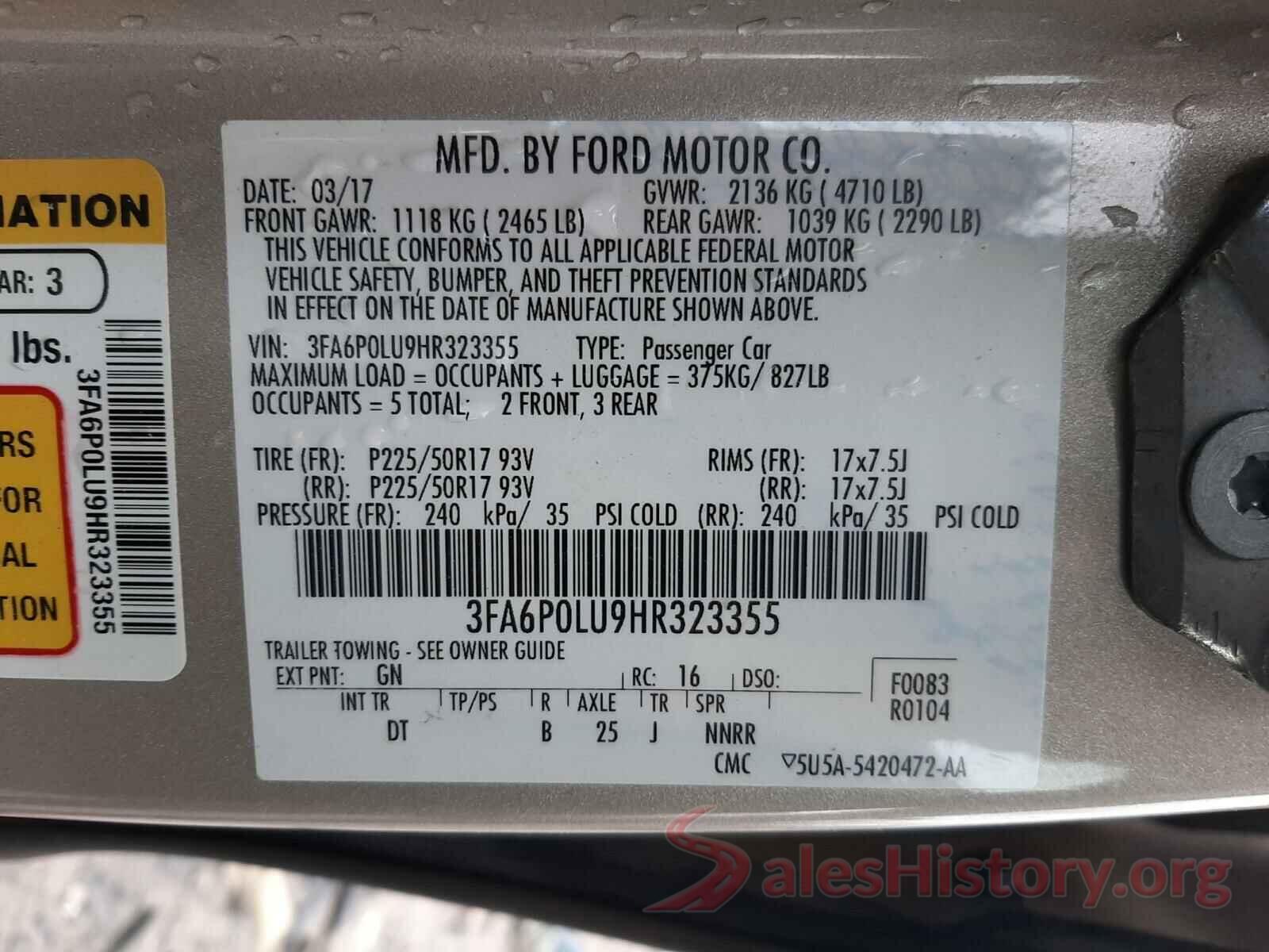 3FA6P0LU9HR323355 2017 FORD FUSION