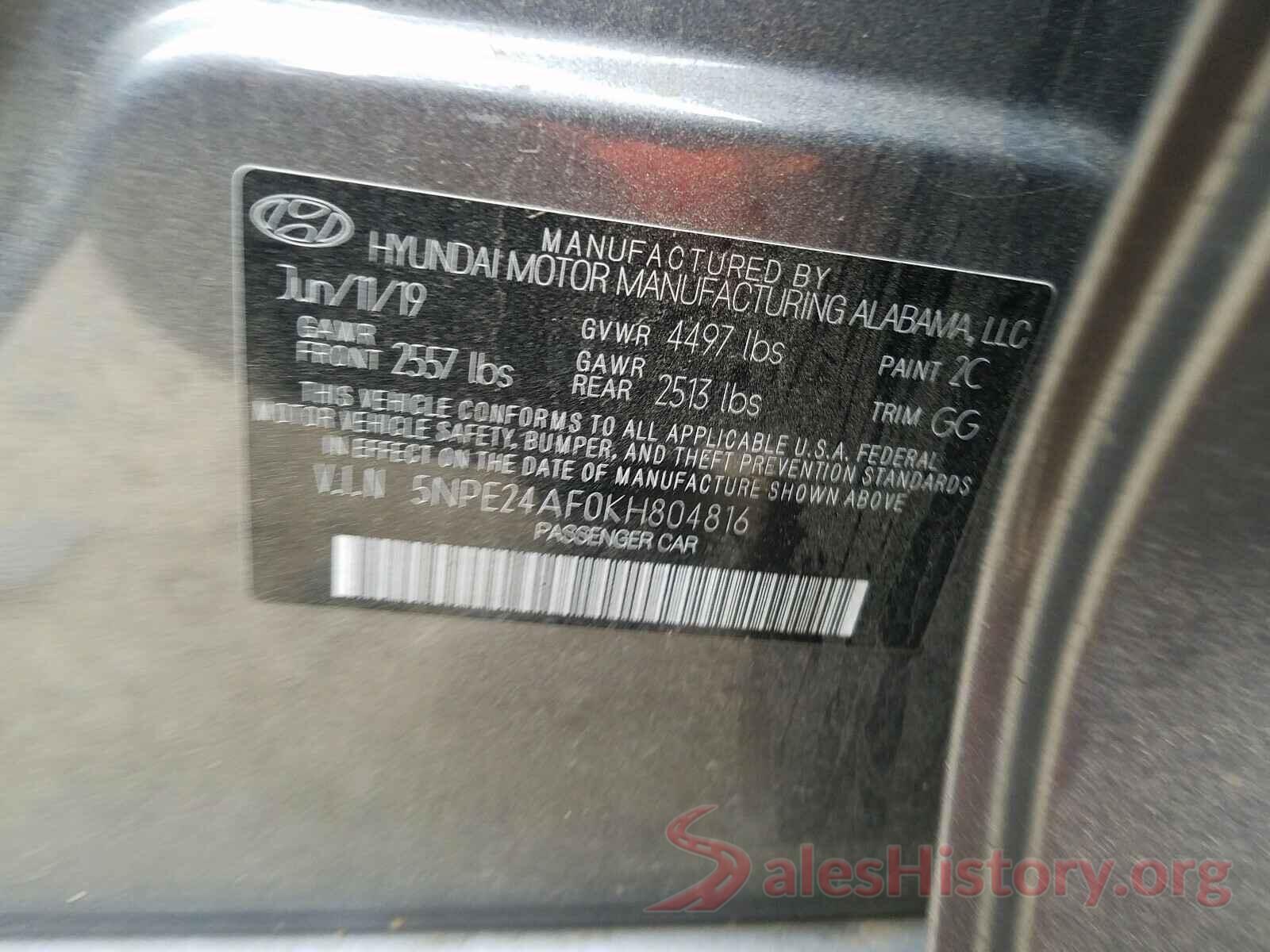 5NPE24AF0KH804816 2019 HYUNDAI SONATA