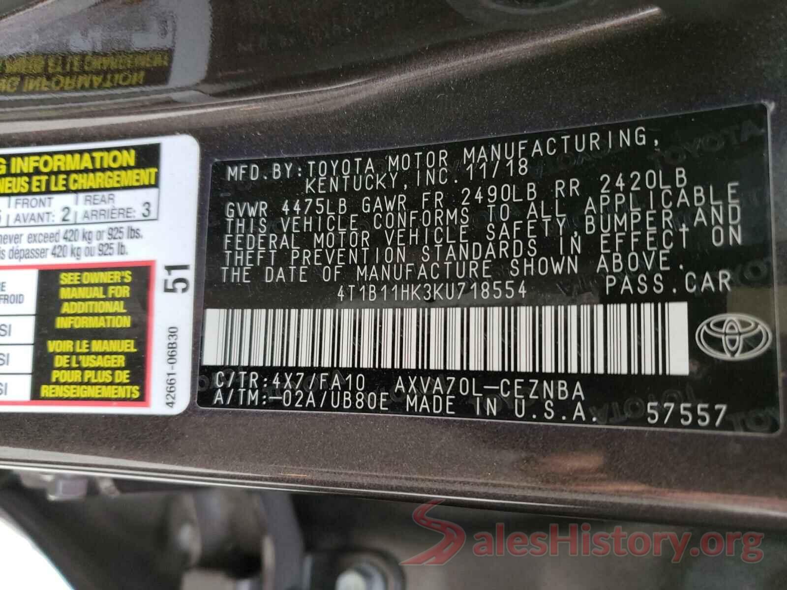 4T1B11HK3KU718554 2019 TOYOTA CAMRY