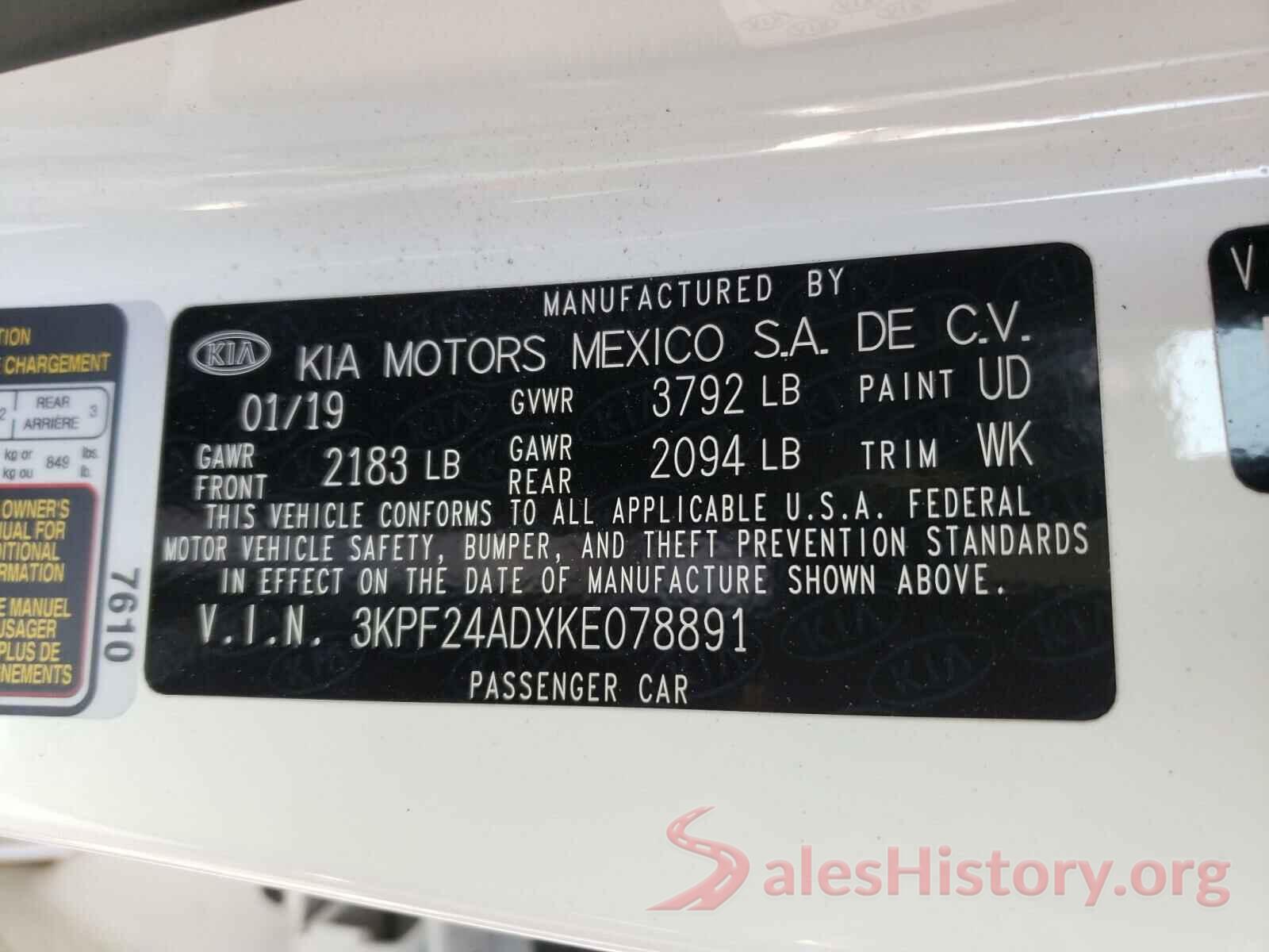 3KPF24ADXKE078891 2019 KIA FORTE