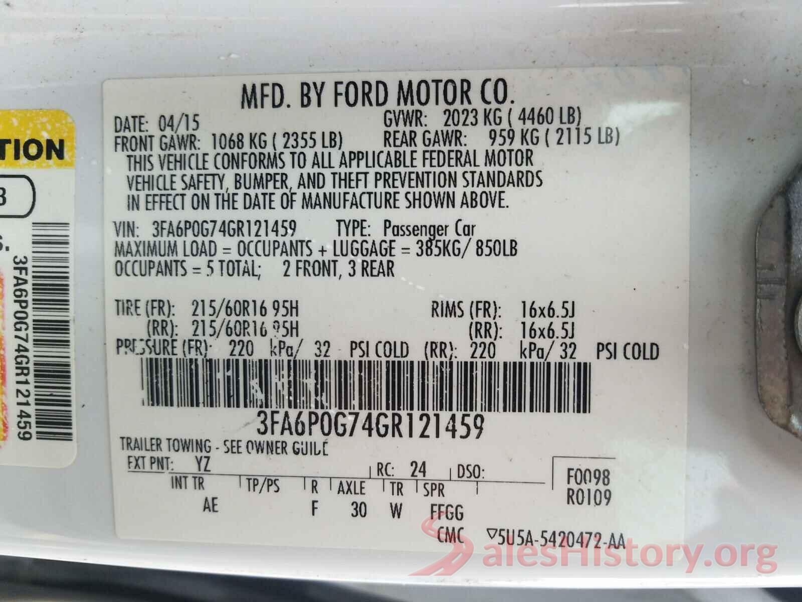 3FA6P0G74GR121459 2016 FORD FUSION