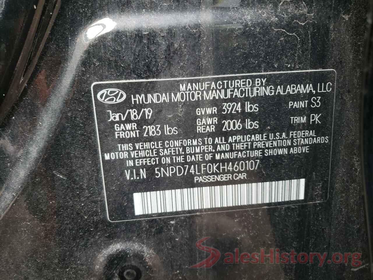 5NPD74LF0KH460107 2019 HYUNDAI ELANTRA